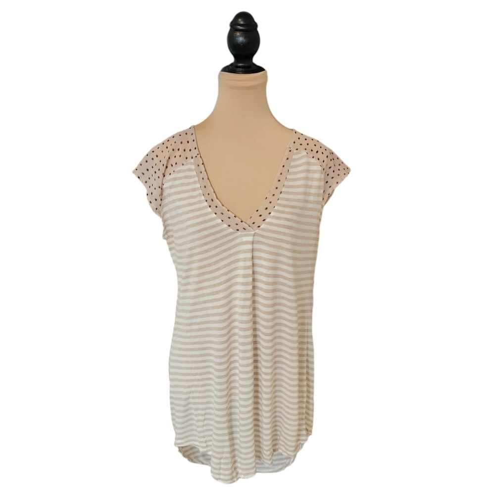 Anthropologie Little Yellow Button Striped Tee Shirt Sz L